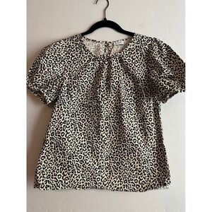 J. Crew Leopard Animal Print Puff-Sleeve Top Stretch Cotton Poplin Size XS‎